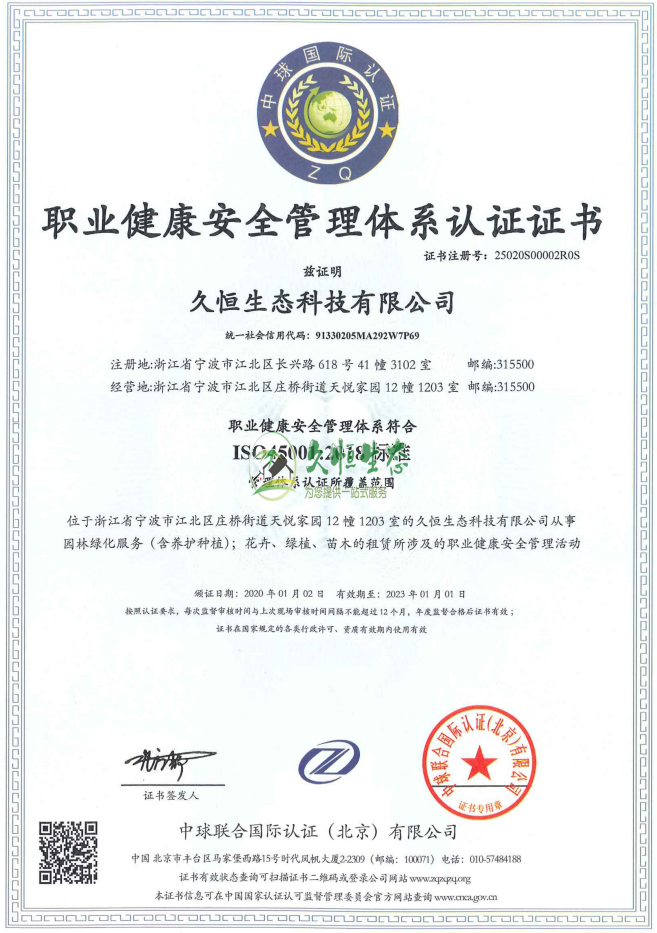 青山职业健康安全管理体系ISO45001证书